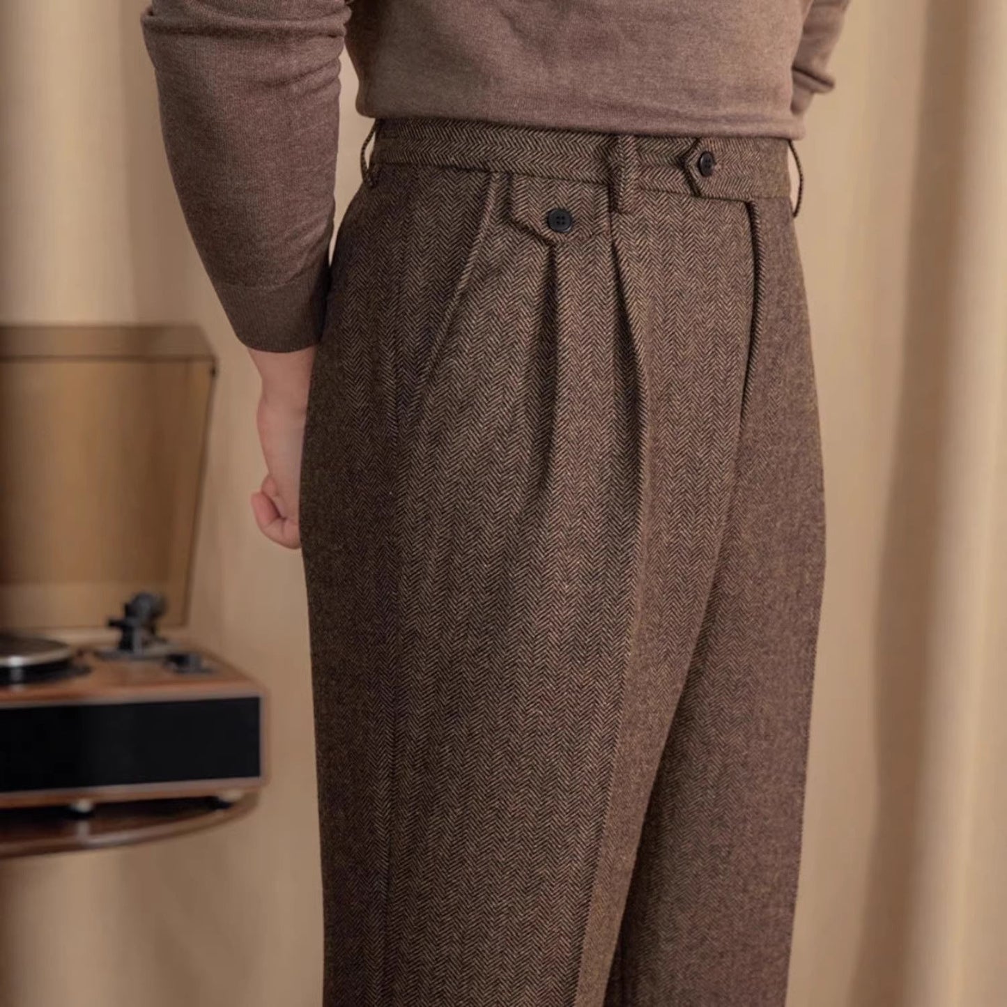 Mens Italian Herringbone Cropped Trousers