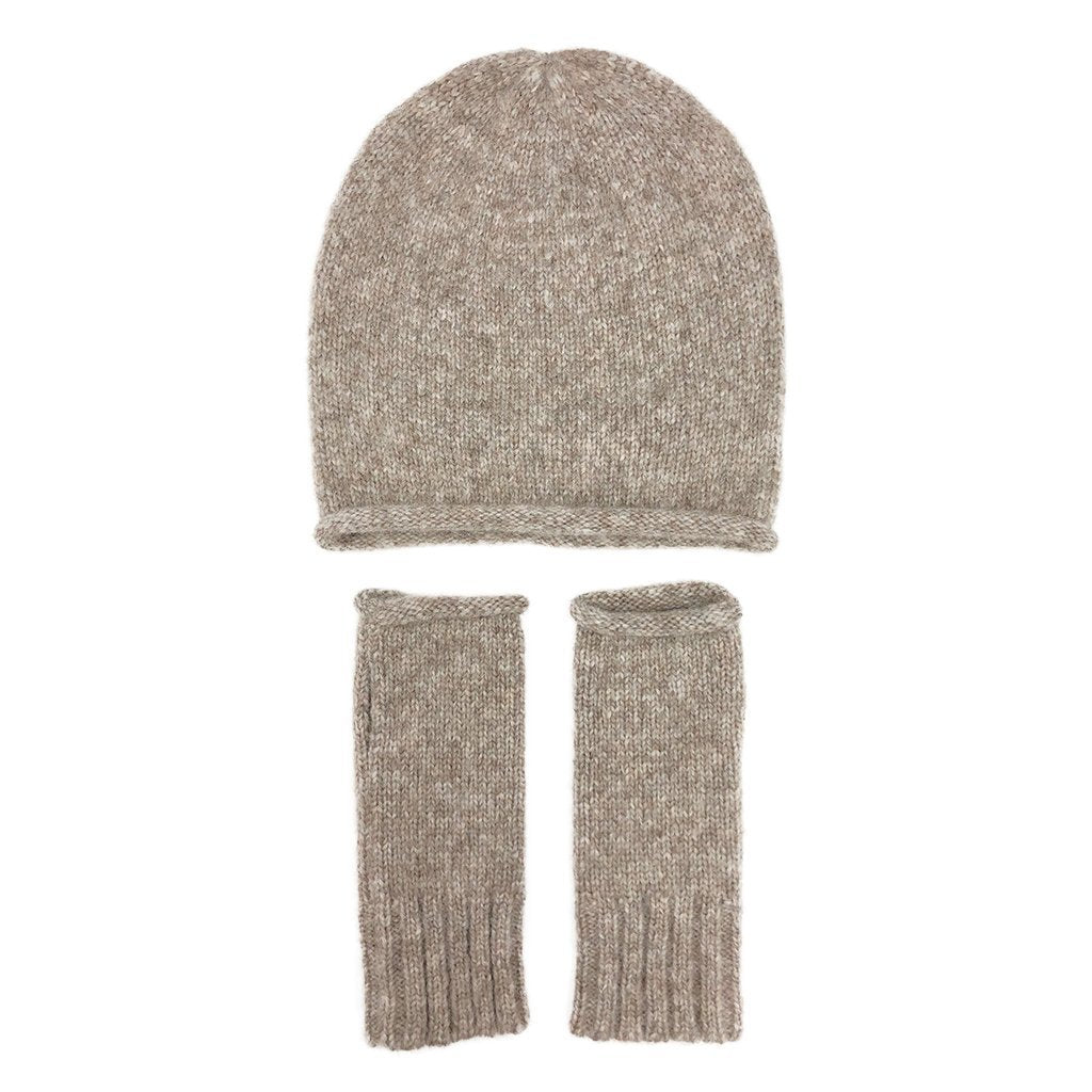 Alpaca Fingerless Knit Gloves Beige Long Ribbed Cuff Thumb Slit Warm Wrist
