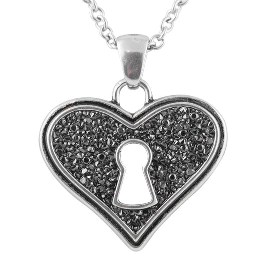 Bejeweled Heart Keyhole Necklace Black Crystal Silver