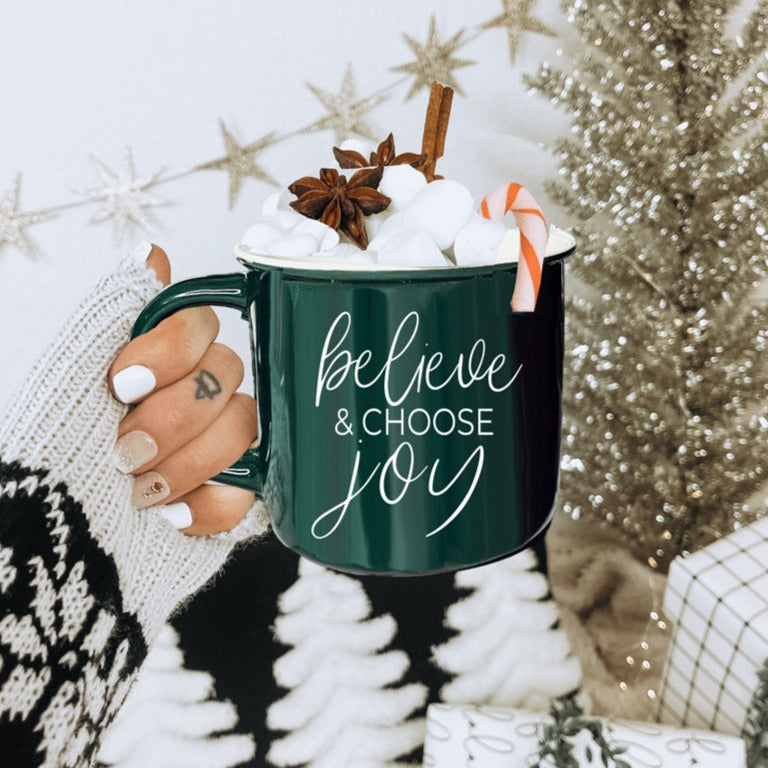 Believe And Joy Keramik Campfire-Tasse 410ml Rot Grün Doppelseitig Weißer Text