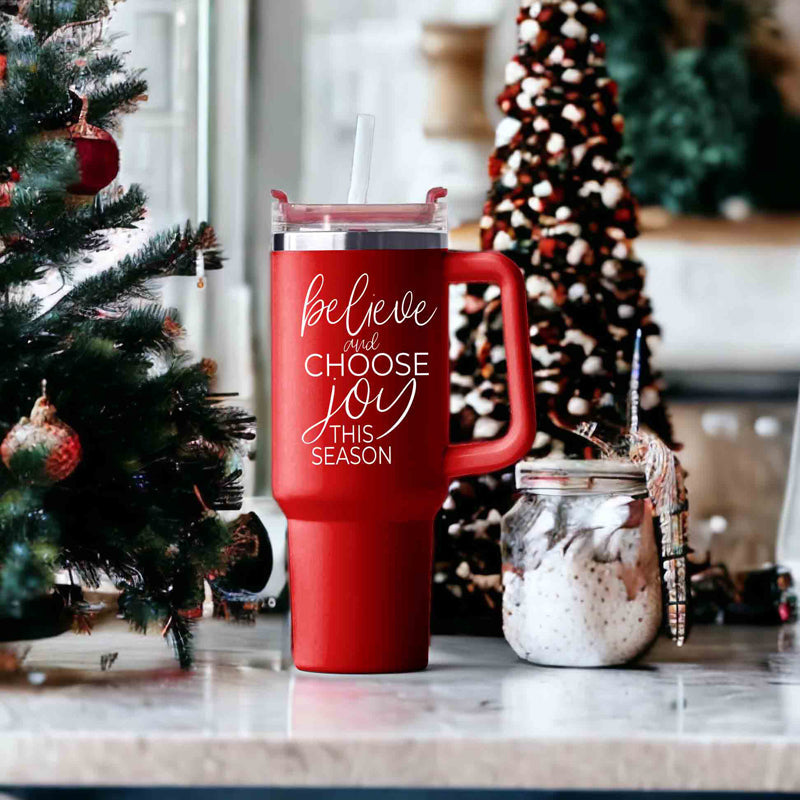 Believe Joy 40oz Insulated Tumbler With Handle Lid Straw Holiday Travel Mug
