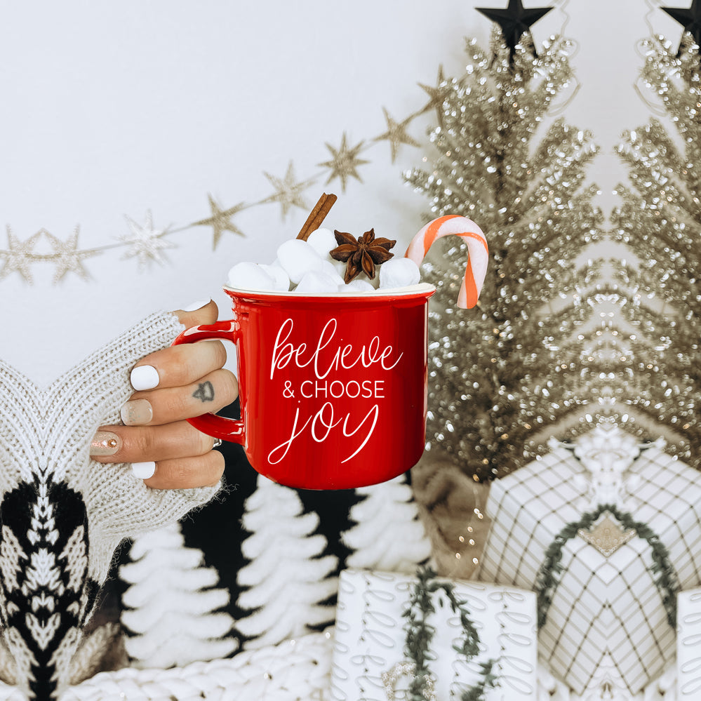 Believe And Joy Ceramic Campfire Mug 14.5oz Red Green Double-Sided White Text