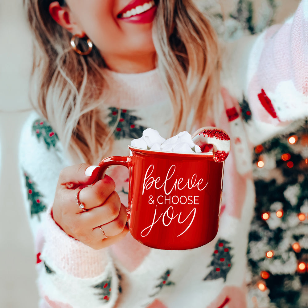 Believe And Joy Keramik Campfire-Tasse 410ml Rot Grün Doppelseitig Weißer Text
