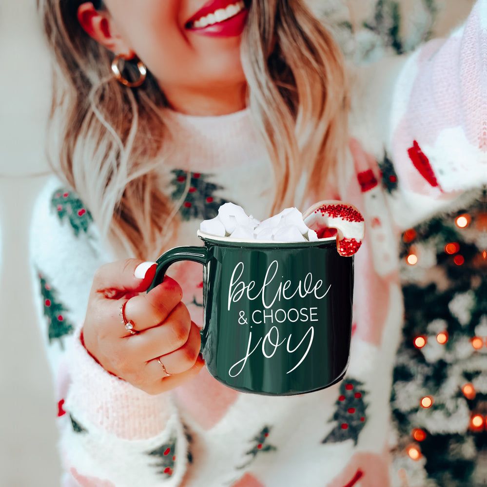 Believe And Joy Ceramic Campfire Mug 14.5oz Red Green Double-Sided White Text