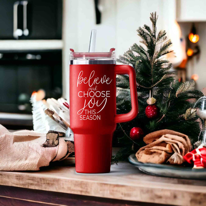Believe Joy 40oz Insulated Tumbler With Handle Lid Straw Holiday Travel Mug