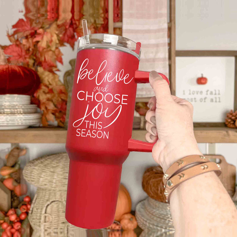 Believe Joy 40oz Insulated Tumbler With Handle Lid Straw Holiday Travel Mug
