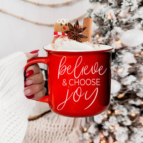 Believe And Joy Ceramic Campfire Mug 14.5oz Red Green Double-Sided White Text