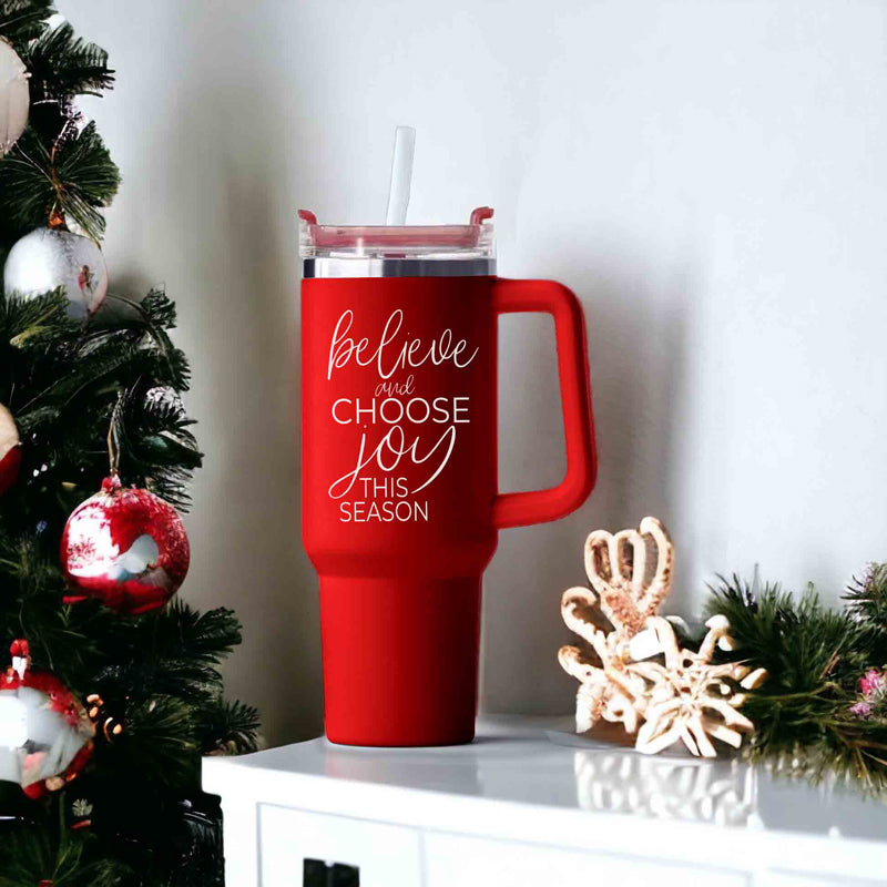 Believe Joy 40oz Insulated Tumbler With Handle Lid Straw Holiday Travel Mug
