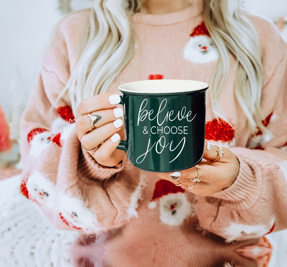 Believe And Joy Keramik Campfire-Tasse 410ml Rot Grün Doppelseitig Weißer Text