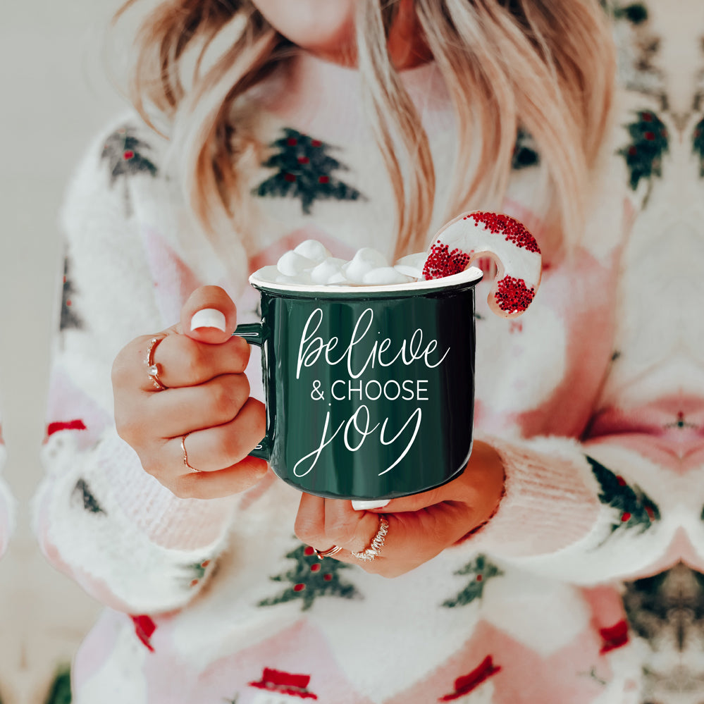Believe And Joy Keramik Campfire-Tasse 410ml Rot Grün Doppelseitig Weißer Text