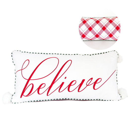 Grand coussin de Noël rouge – Coussin décoratif de Noël « Believe », rouge et blanc, qualité supérieure