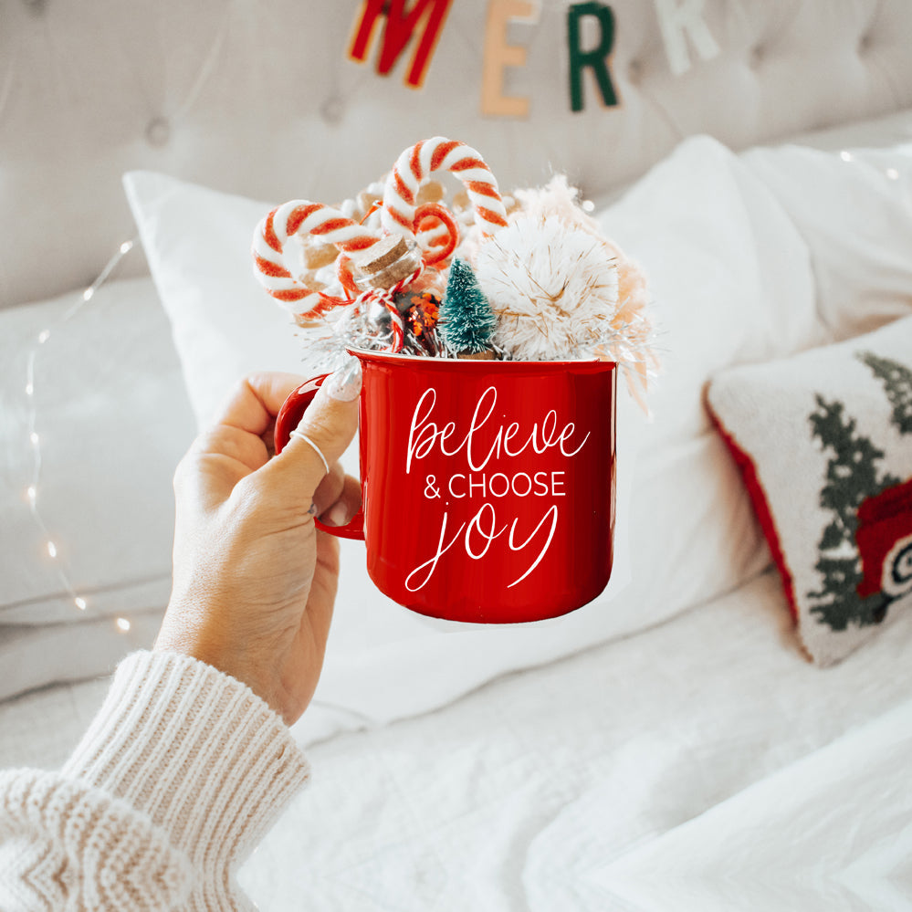 Believe And Joy Ceramic Campfire Mug 14.5oz Red Green Double-Sided White Text