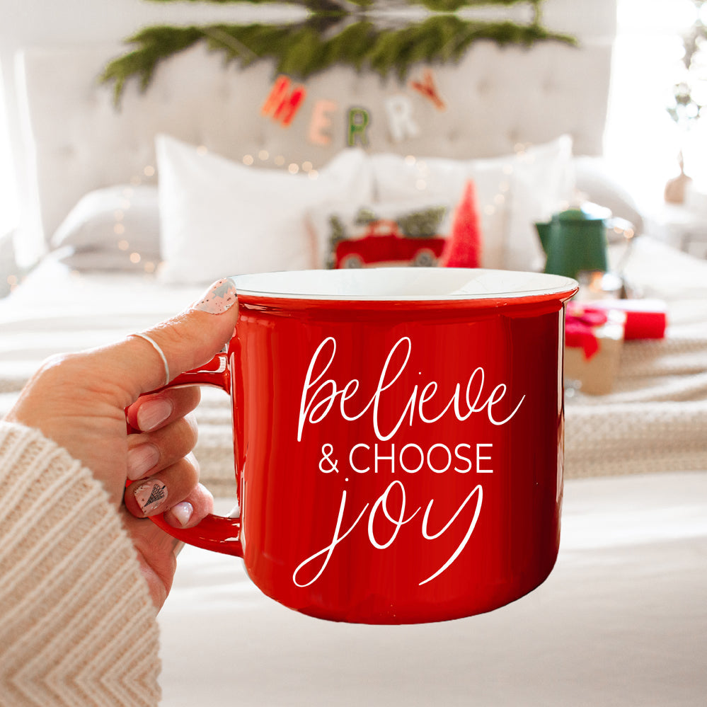 Believe And Joy Keramik Campfire-Tasse 410ml Rot Grün Doppelseitig Weißer Text