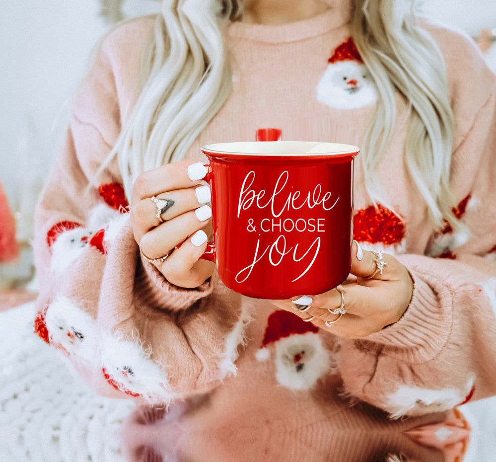 Believe And Joy Keramik Campfire-Tasse 410ml Rot Grün Doppelseitig Weißer Text