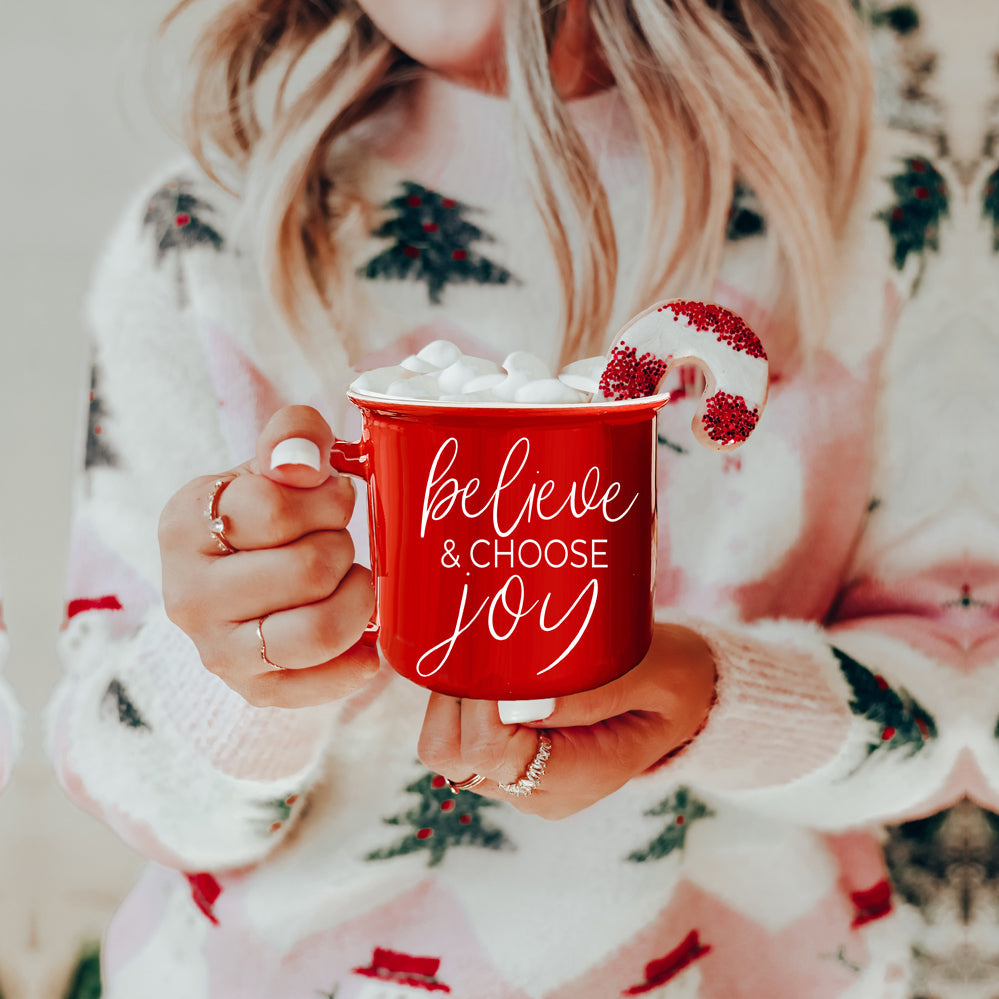 Believe And Joy Ceramic Campfire Mug 14.5oz Red Green Double-Sided White Text