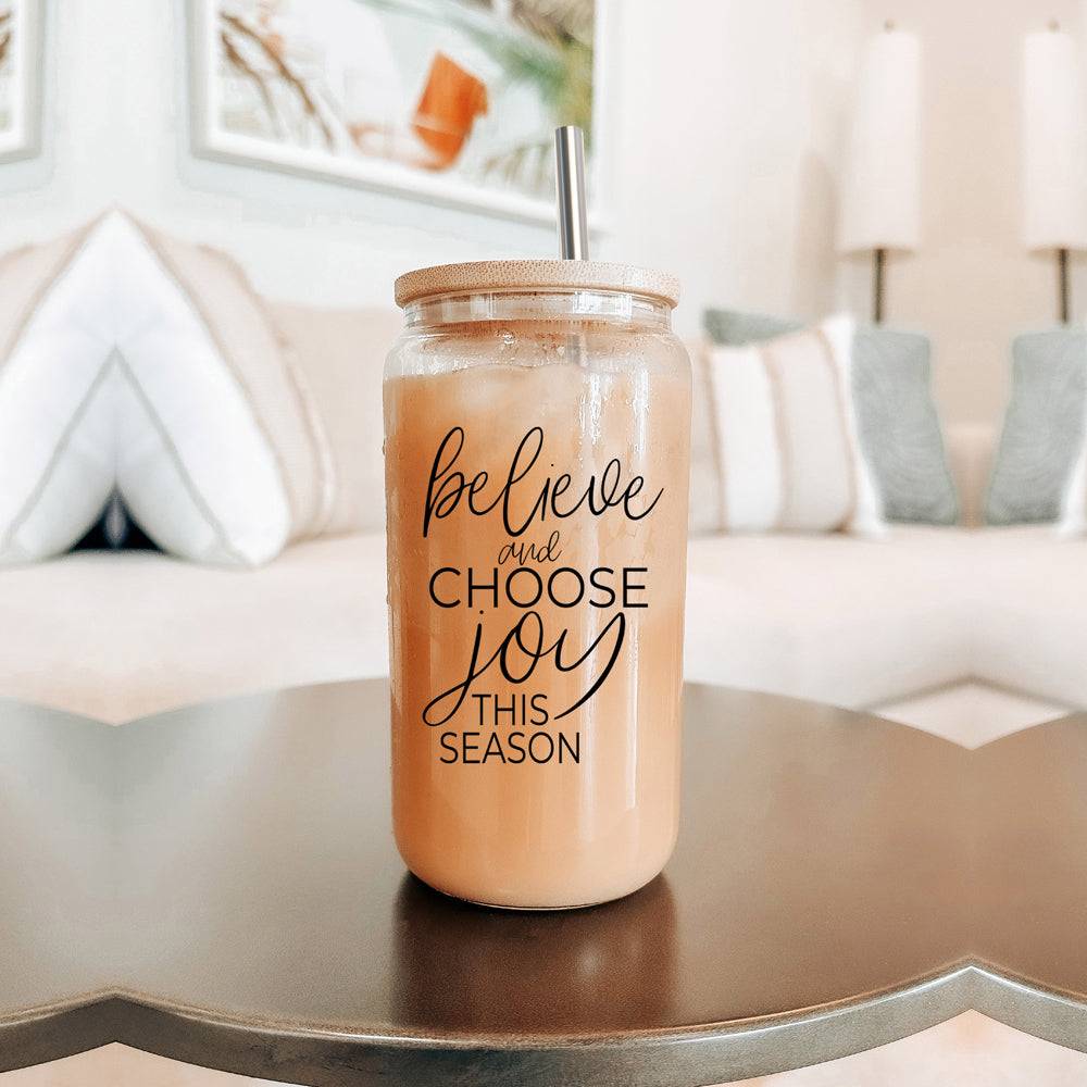 Gobelet en verre 500 ml avec couvercle en bambou, 2 pailles en acier et brosse de nettoyage - Believe Joy