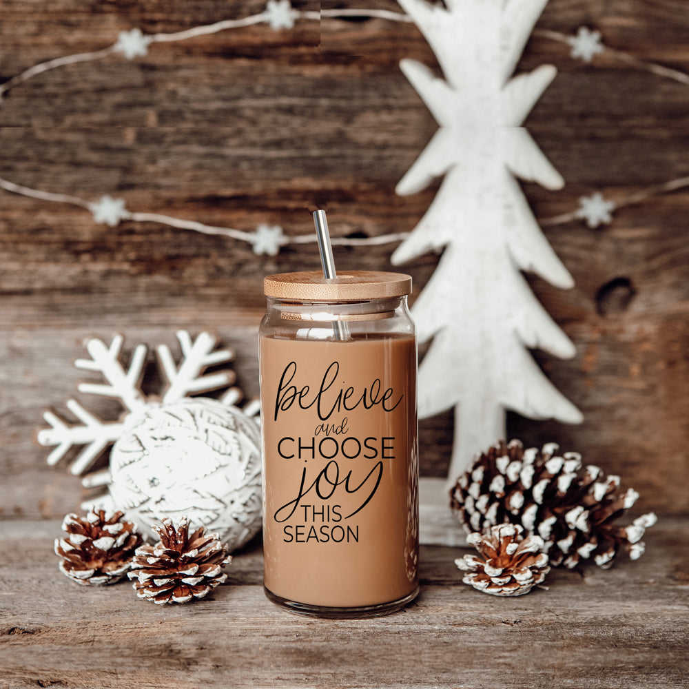 Gobelet en verre 500 ml avec couvercle en bambou, 2 pailles en acier et brosse de nettoyage - Believe Joy