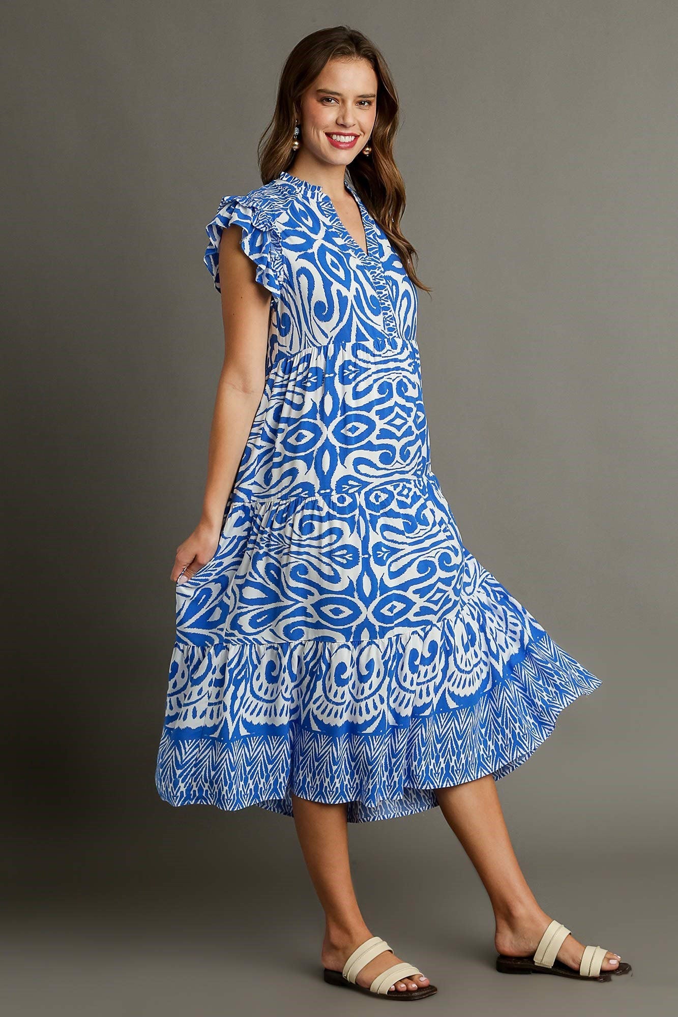 Blue Full Size Two-Tone Print Ruffle Cap Sleeve Midi Dress Plus Size Statement Piece Dress