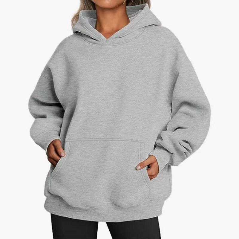 Women's Solid-color Long-sleeved Loose-fitting Hooded Sweatshirt With Pocket