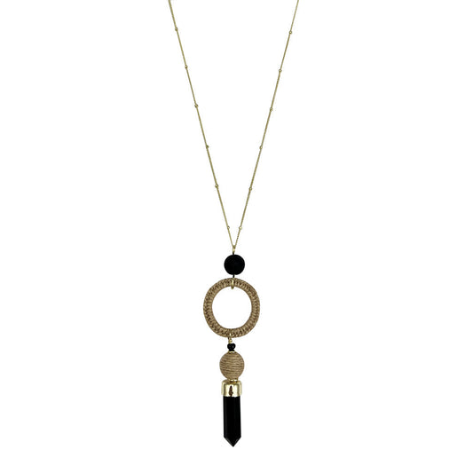 Schwarzer Achat Jute Halskette Polierter Stein Anhänger mit Jute Halo Boho Layering Halskette