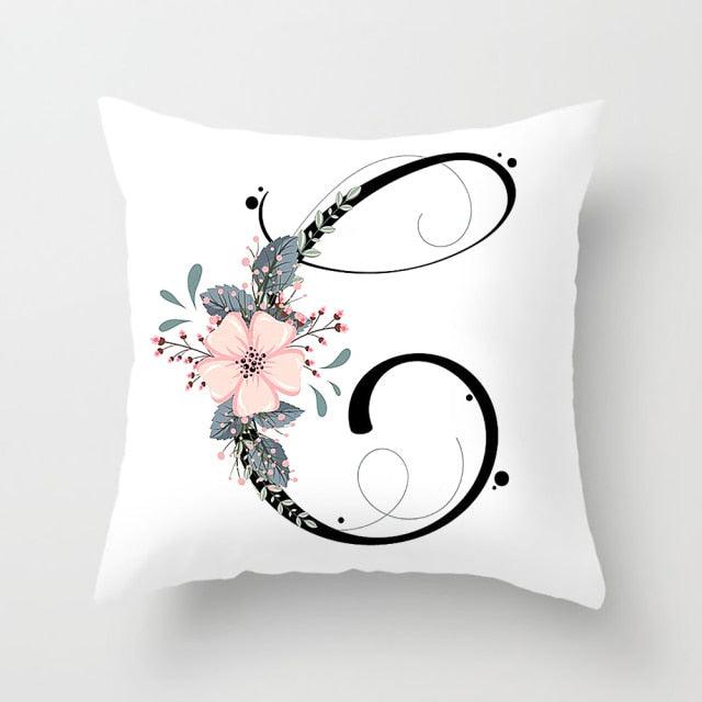 Black Alphabet Flower Print Pillow Cover White Polyester Modern Cushion Cover Decorative Pillowcase For Sofa Bed Chair Car Throw Pillow Covers Decorative Pillow Cases ABC Letter Cushion Covers Square Pillow Protectors Home Decor 45x45cm