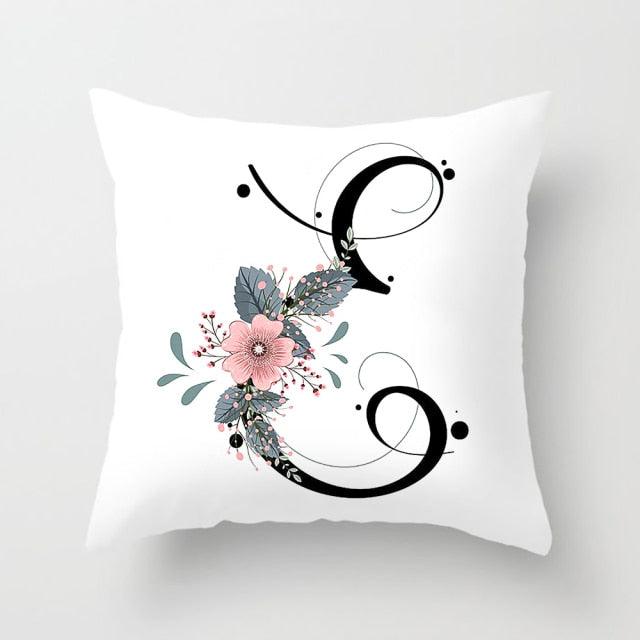 Black Alphabet Flower Print Pillow Cover White Polyester Modern Cushion Cover Decorative Pillowcase For Sofa Bed Chair Car Throw Pillow Covers Decorative Pillow Cases ABC Letter Cushion Covers Square Pillow Protectors Home Decor 45x45cm