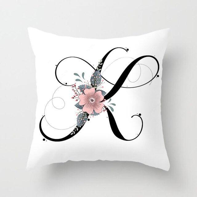 Black Alphabet Flower Print Pillow Cover White Polyester Modern Cushion Cover Decorative Pillowcase For Sofa Bed Chair Car Throw Pillow Covers Decorative Pillow Cases ABC Letter Cushion Covers Square Pillow Protectors Home Decor 45x45cm