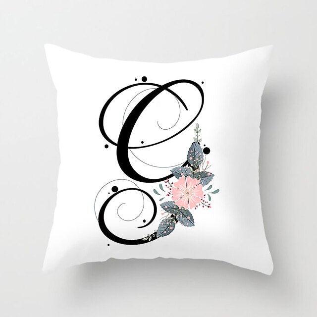 Black Alphabet Flower Print Pillow Cover White Polyester Modern Cushion Cover Decorative Pillowcase For Sofa Bed Chair Car Throw Pillow Covers Decorative Pillow Cases ABC Letter Cushion Covers Square Pillow Protectors Home Decor 45x45cm