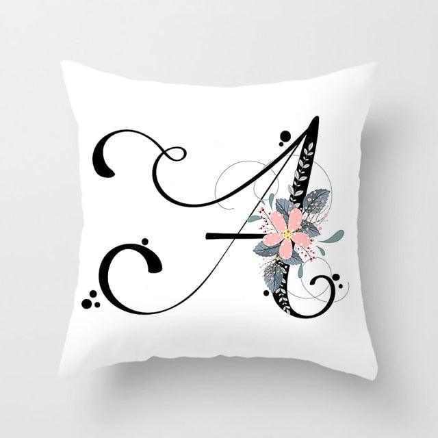 Black Alphabet Flower Print Pillow Cover White Polyester Modern Cushion Cover Decorative Pillowcase For Sofa Bed Chair Car Throw Pillow Covers Decorative Pillow Cases ABC Letter Cushion Covers Square Pillow Protectors Home Decor 45x45cm