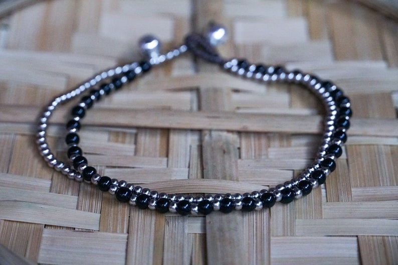 Black Boho Dual Band Silver Anklet For Women Adjustable