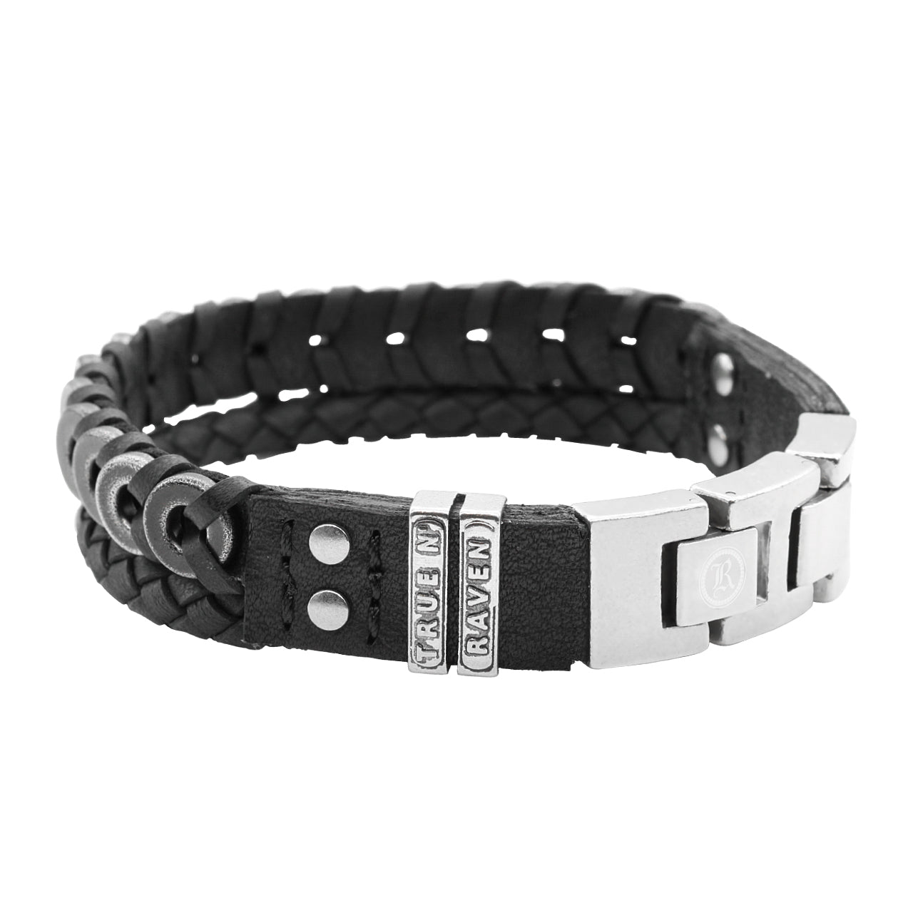 Herrenarmband aus geflochtenem schwarzem Leder mit verblasstem Stahlverschluss
