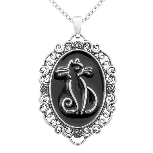 Collier Camée Chat Noir Pendentif Argent Vintage Antique
