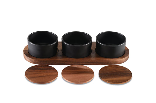 Black Ceramic Condiment Set With Acacia Wood Lids And Base 3 Bowls