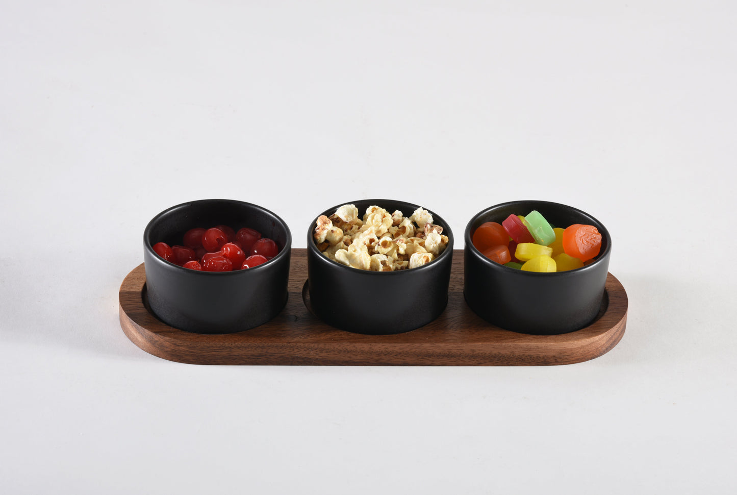 Black Ceramic Condiment Set With Acacia Wood Lids And Base 3 Bowls