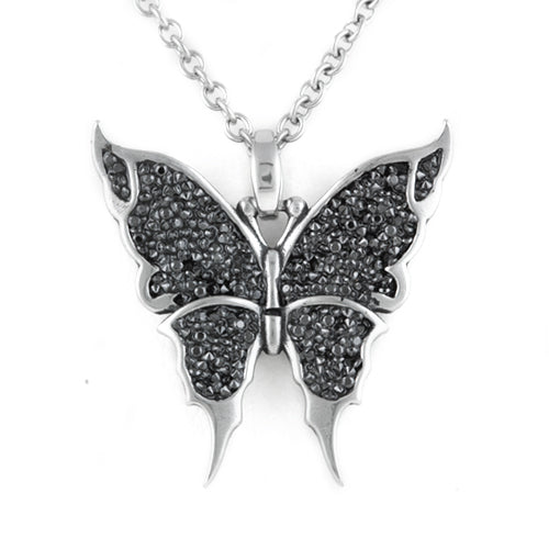 Collier Pendentif Papillon Cristal Noir Chaîne Argentée