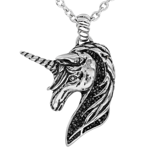 Black CZ Unicorn Pendant Necklace Sterling Silver Classic