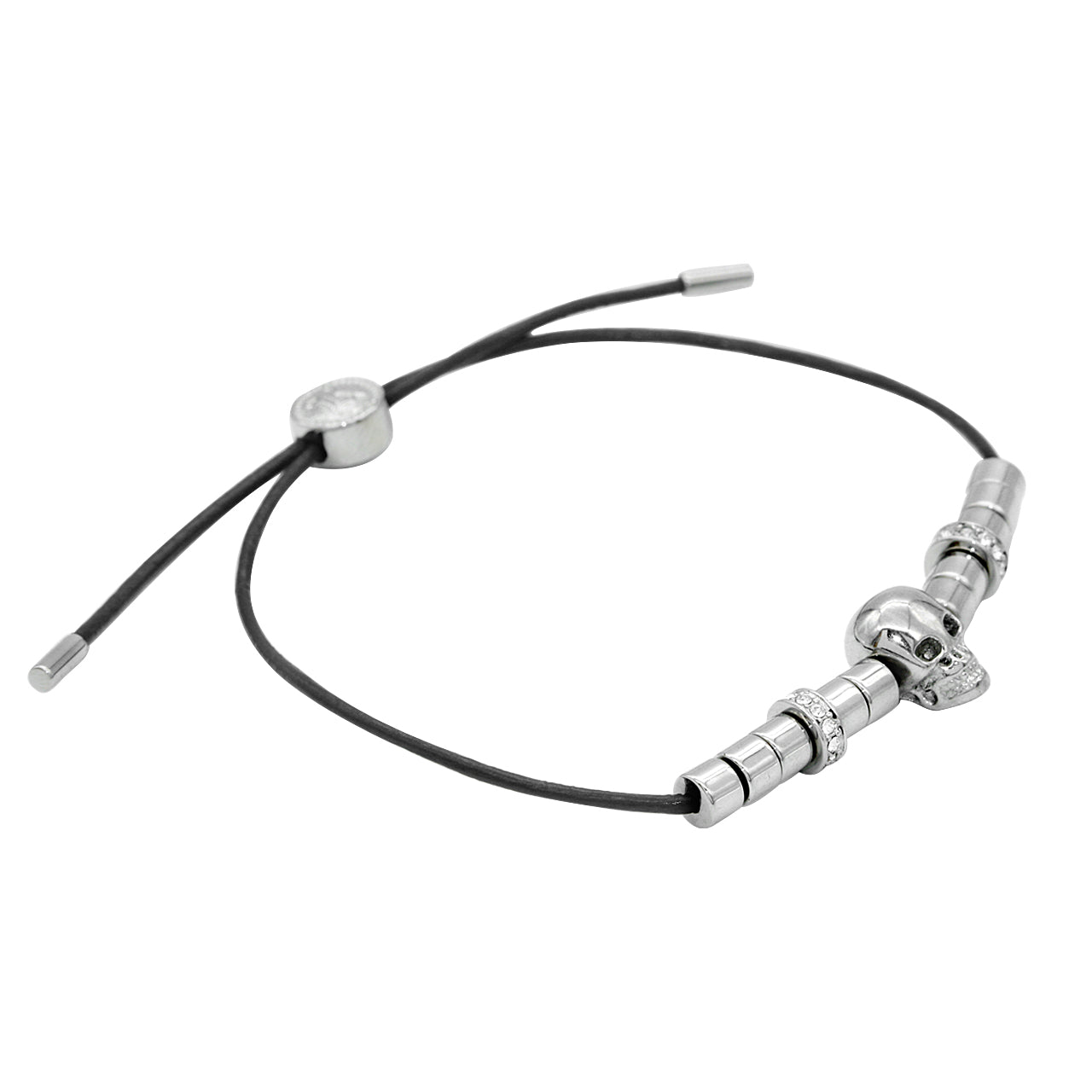 Schwarzes Lederarmband mit Totenkopf und Edelstahlperlen, verstellbar