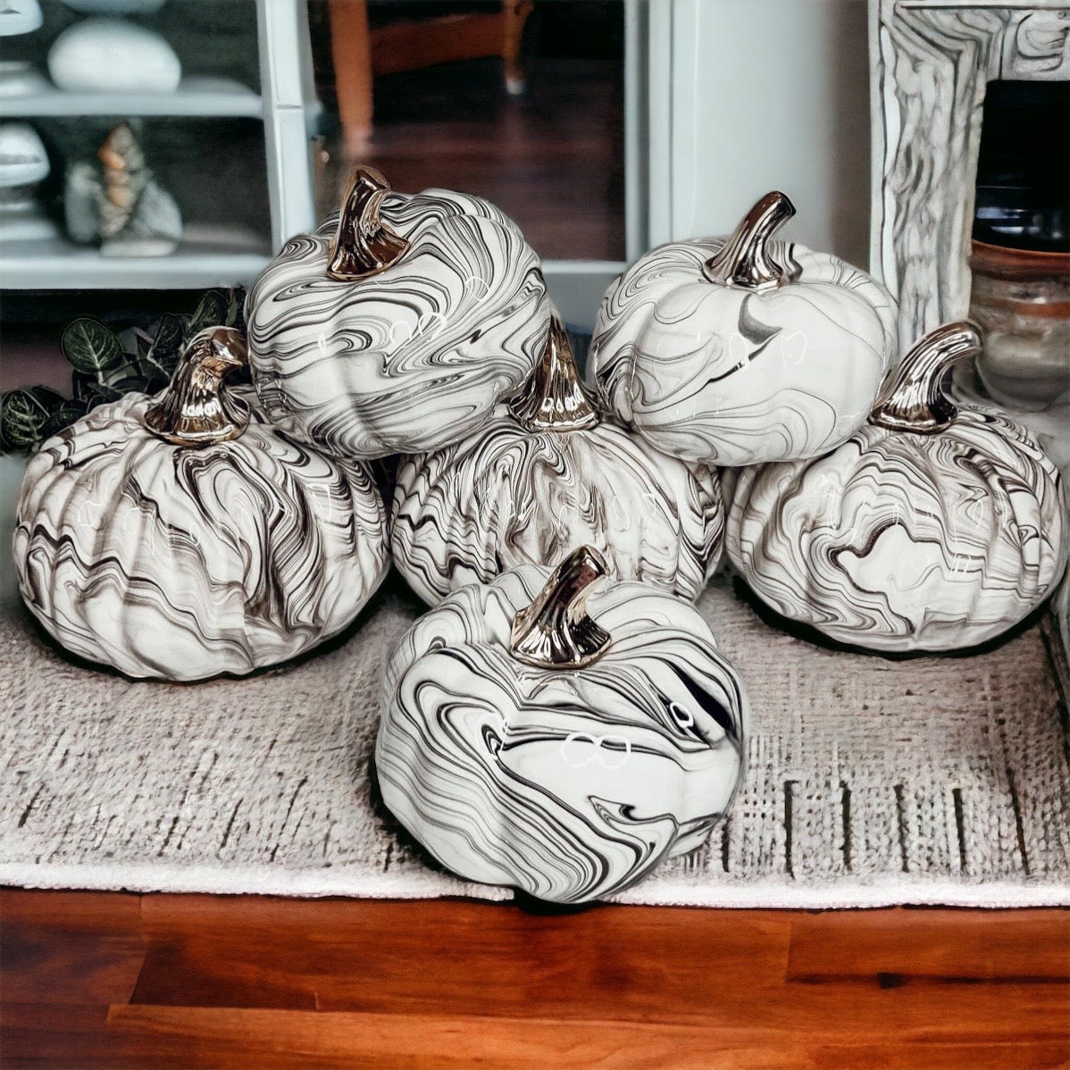 Black Marble Pumpkin Gold Stem Handcrafted Luxury Halloween Decor Accent