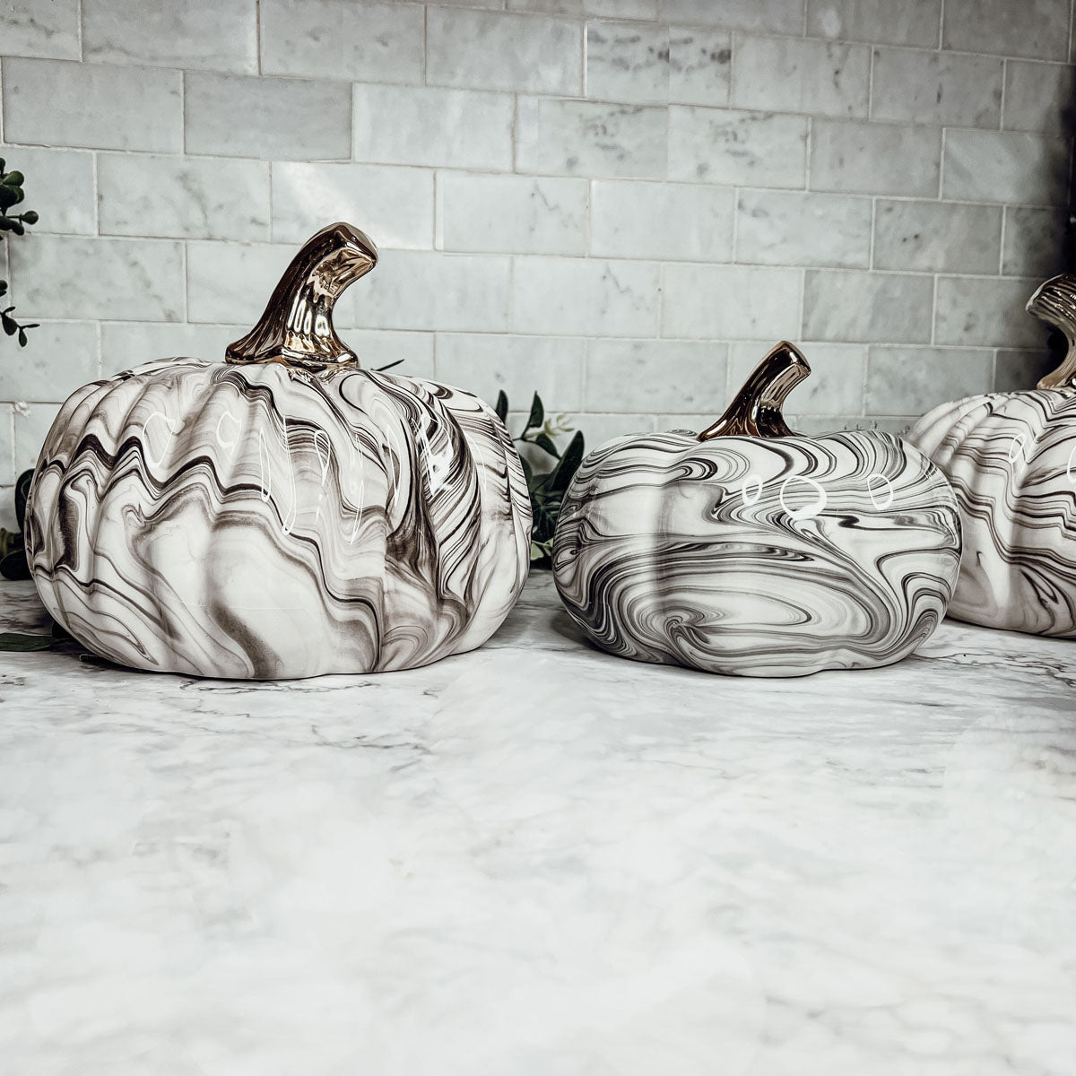 Black Marble Pumpkin Gold Stem Handcrafted Luxury Halloween Decor Accent