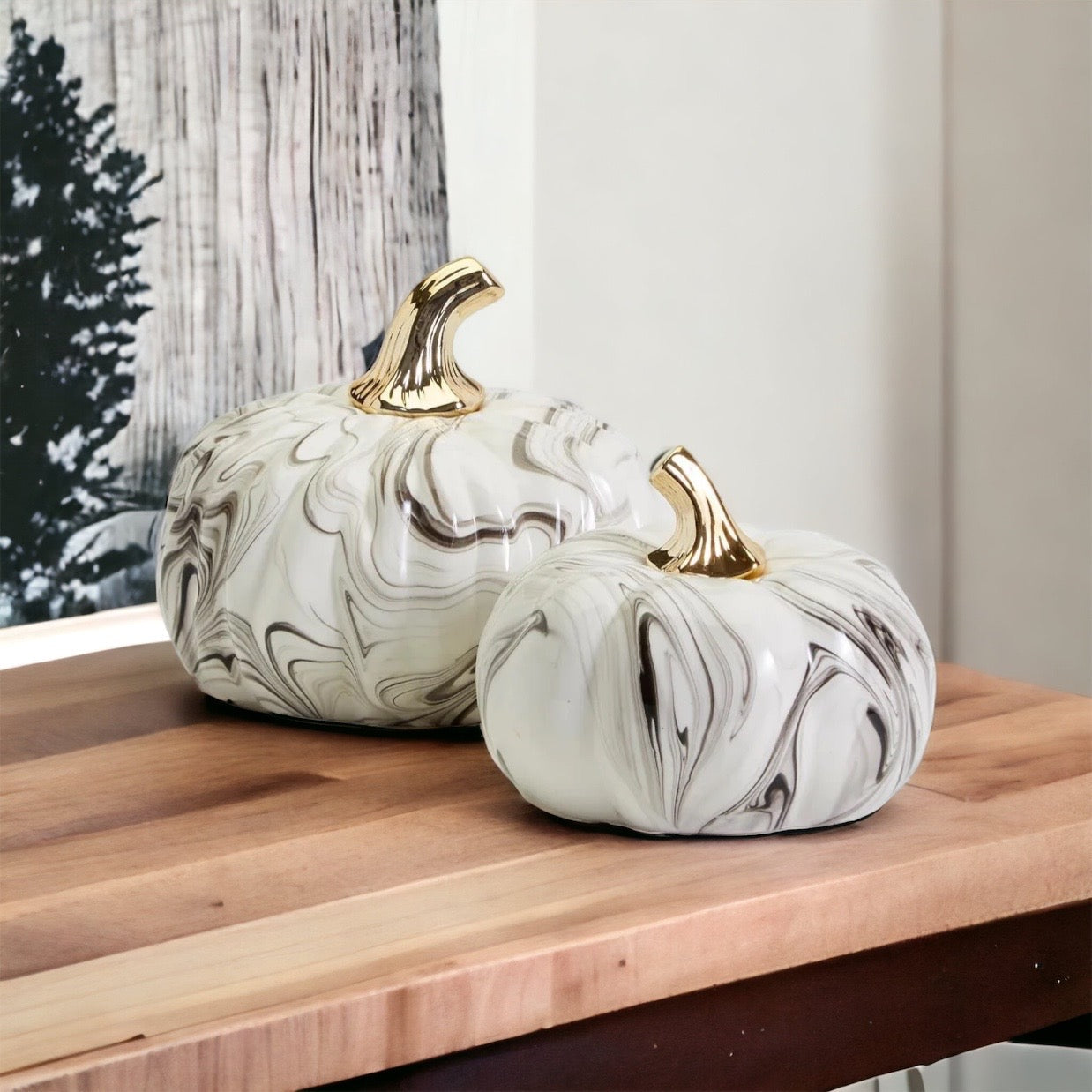 Black Marble Pumpkin Gold Stem Handcrafted Luxury Halloween Decor Accent