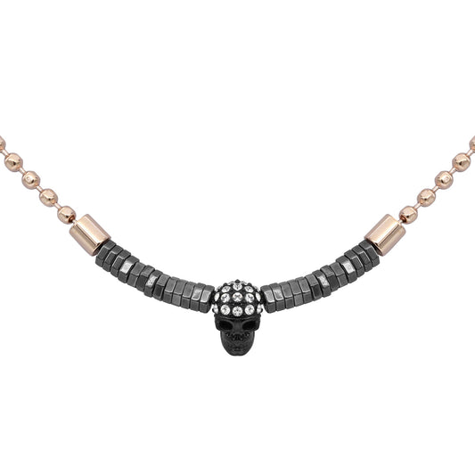 Collier perles hématite crâne noir pendentif gothique unisexe