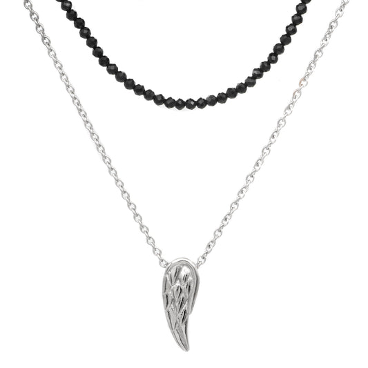 Collier double chaîne en perles de spinelle noire avec pendentif aile