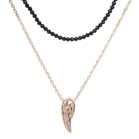 Black Spinel Rose Gold Wing Layered Double Necklace