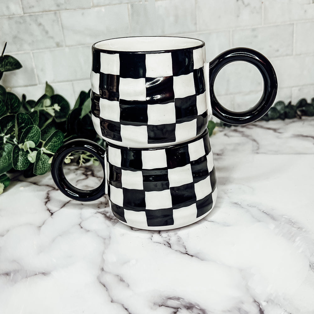 Mug en céramique à carreaux noir et blanc 400 ml peint à la main style rétro lavable au lave-vaisselle