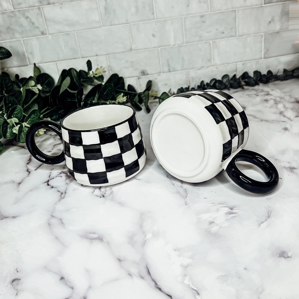 Mug en céramique à carreaux noir et blanc 400 ml peint à la main style rétro lavable au lave-vaisselle