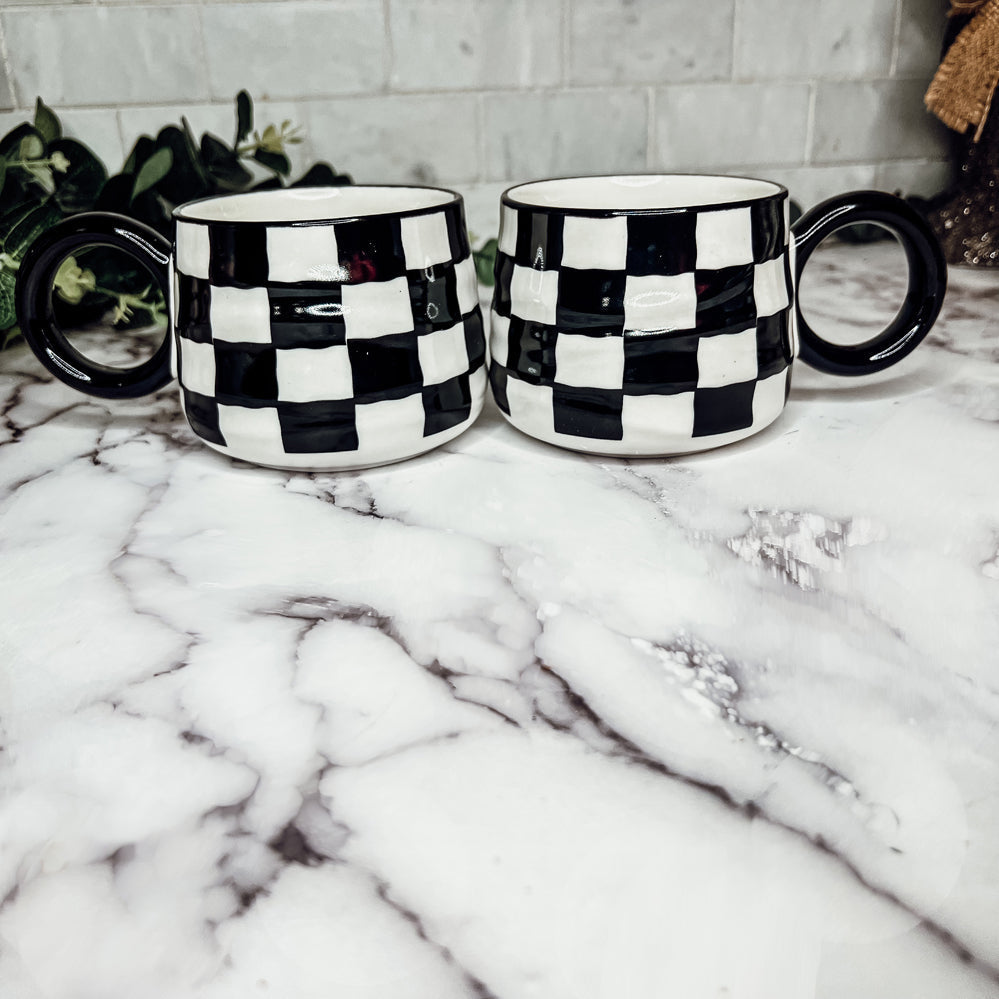 Mug en céramique à carreaux noir et blanc 400 ml peint à la main style rétro lavable au lave-vaisselle