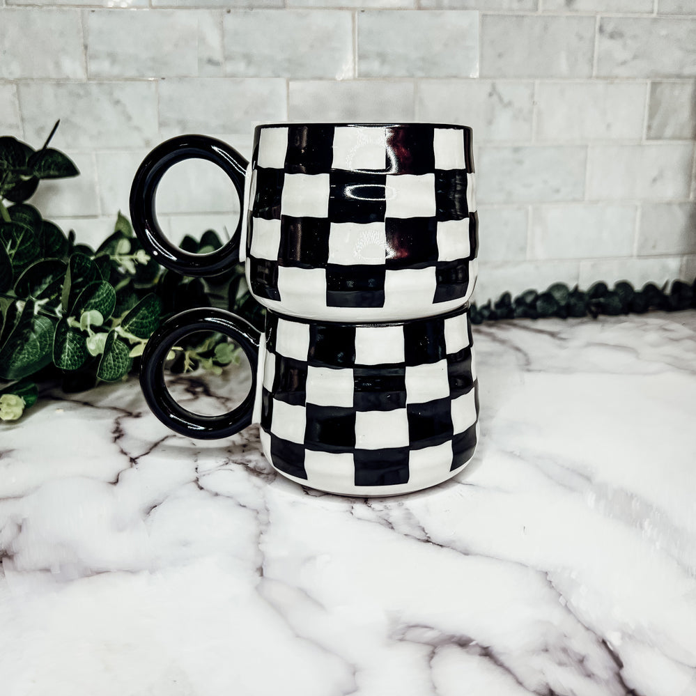 Mug en céramique à carreaux noir et blanc 400 ml peint à la main style rétro lavable au lave-vaisselle