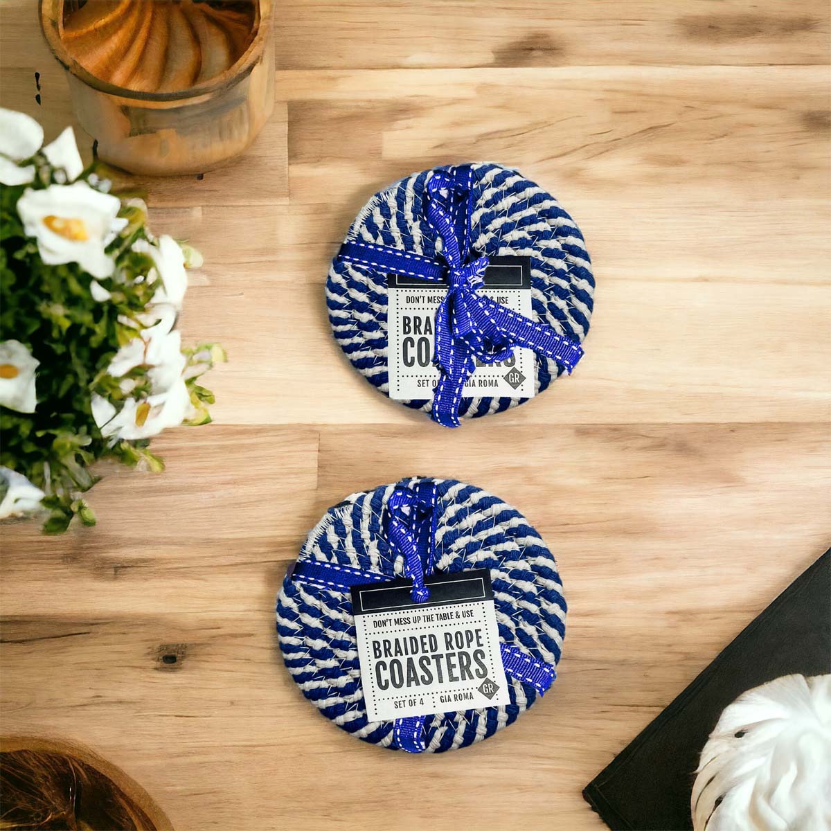 Black Braided Coaster Set 4-Pack Candy Cane Stripe Coasters Table Protectors