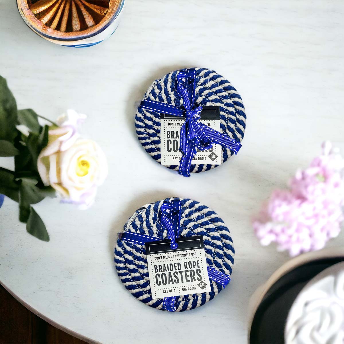 Dessous de Verre Tressés Bleus pour les Fêtes, Lot de 4, à Rayures Canne à Sucre, Protections de Table, Tapis Absorbants pour Boissons
