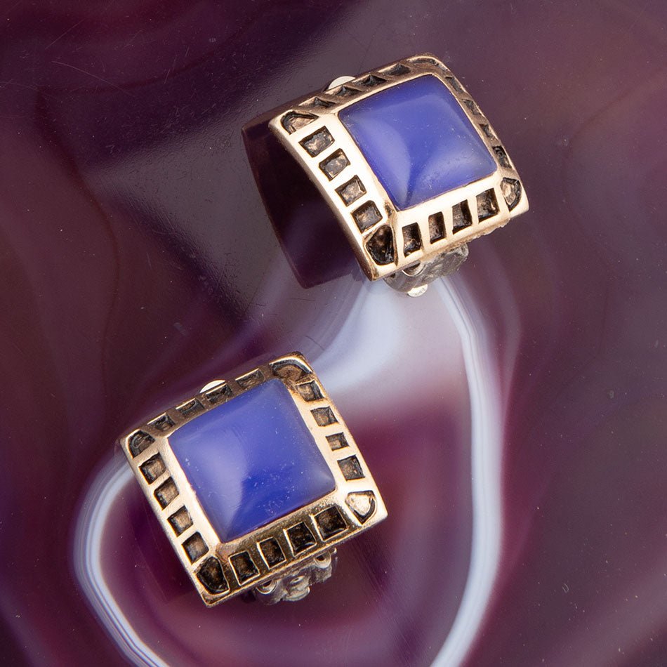 Boucles d'oreilles clips agate bleue dorées